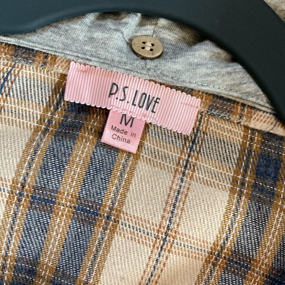 P.S. Love tan blue plaid hooded shacket size M L new without tags - Picture 2 of 4